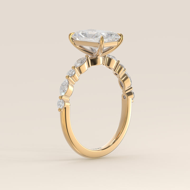 Verlovingsring radiant lab grown diamant met marquise- en ronde diamantband, geelgoud