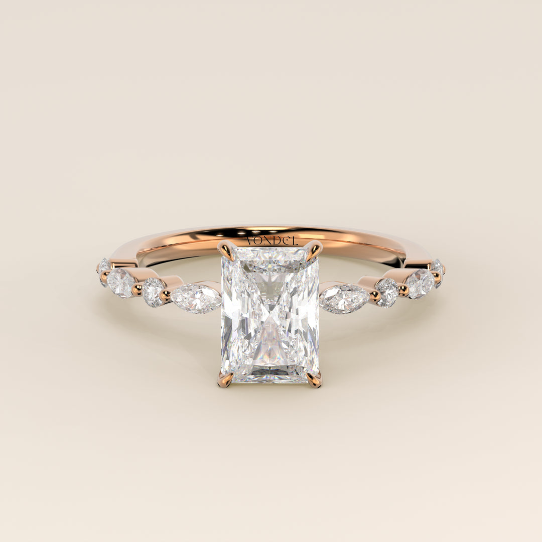 Verlovingsring radiant lab grown diamant met marquise- en ronde diamantband, rosegoud
