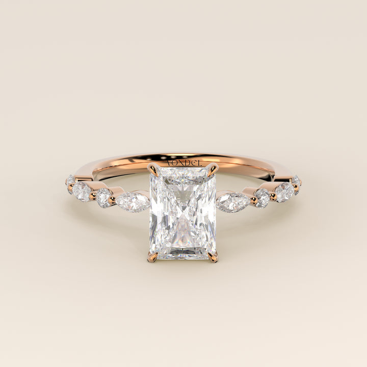Verlovingsring radiant lab grown diamant met marquise- en ronde diamantband, rosegoud