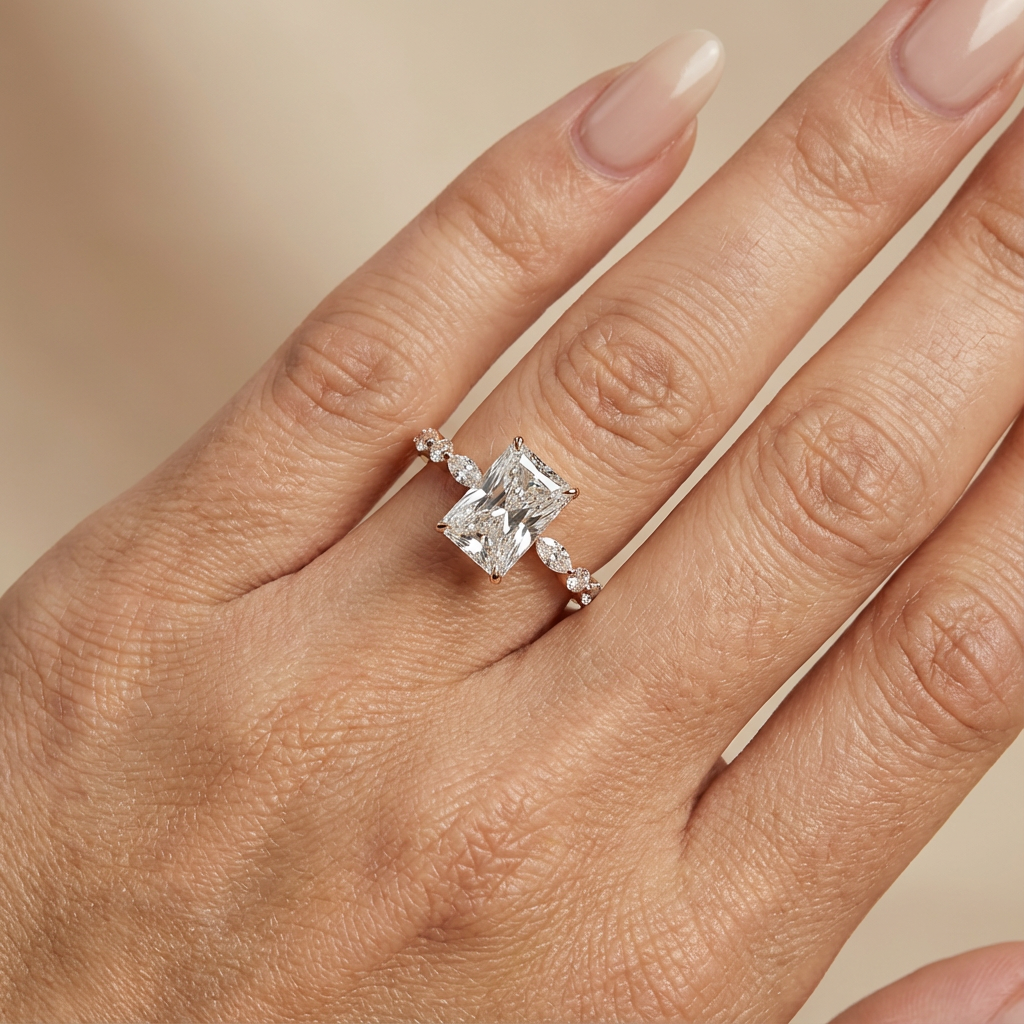 Verlovingsring radiant lab grown diamant met marquise- en ronde diamantband, rosegoud