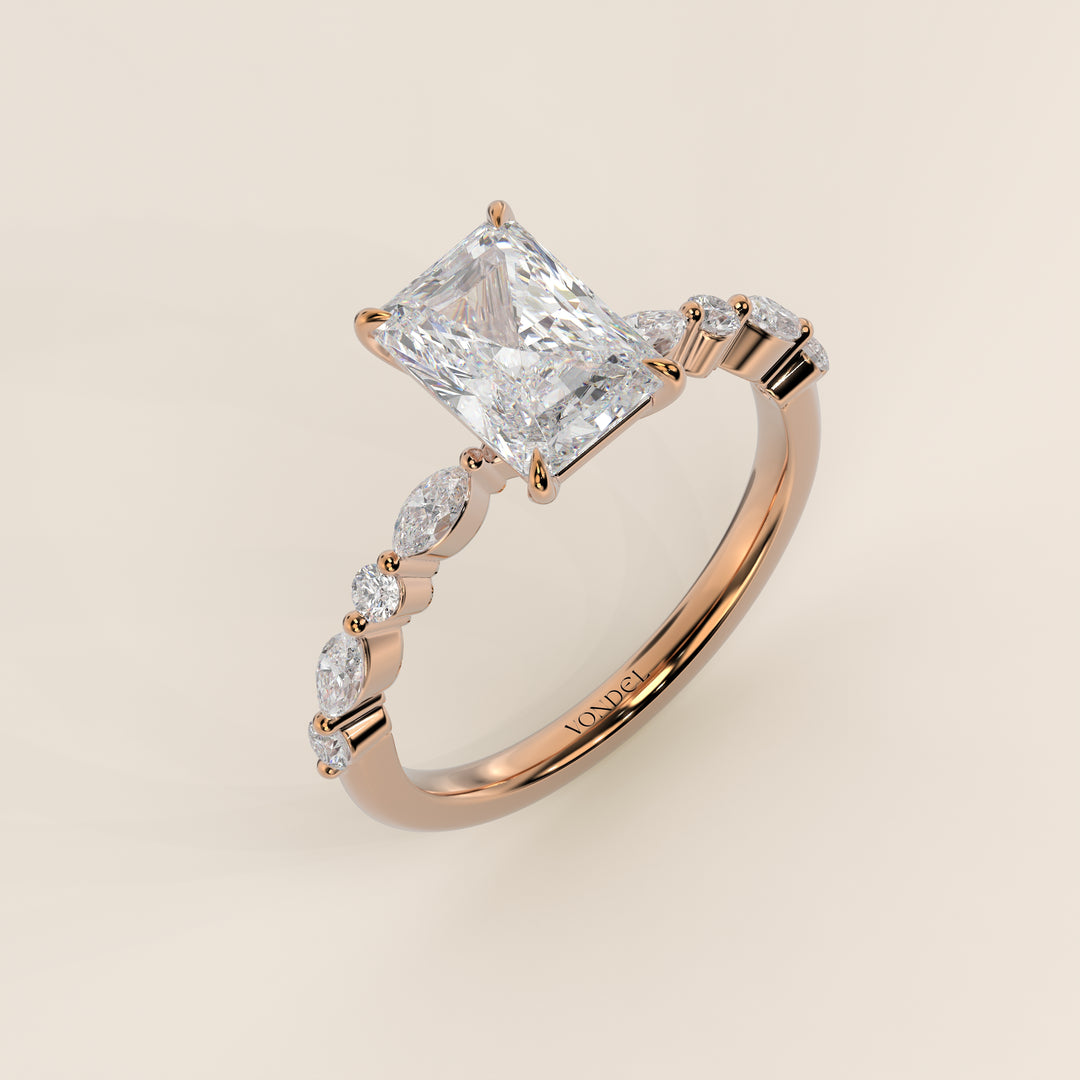 Verlovingsring radiant lab grown diamant met marquise- en ronde diamantband, rosegoud