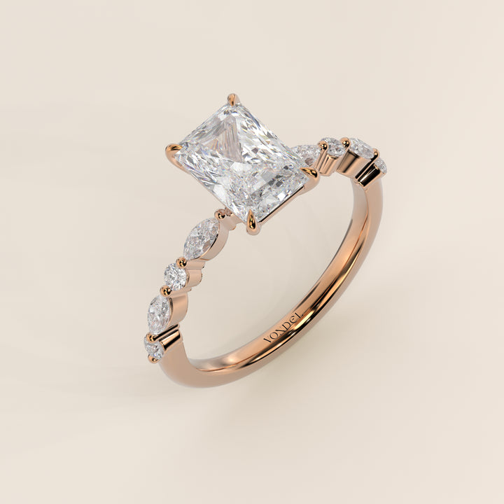 Verlovingsring radiant lab grown diamant met marquise- en ronde diamantband, rosegoud