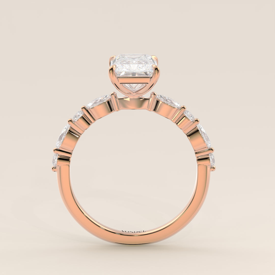 Verlovingsring radiant lab grown diamant met marquise- en ronde diamantband, rosegoud