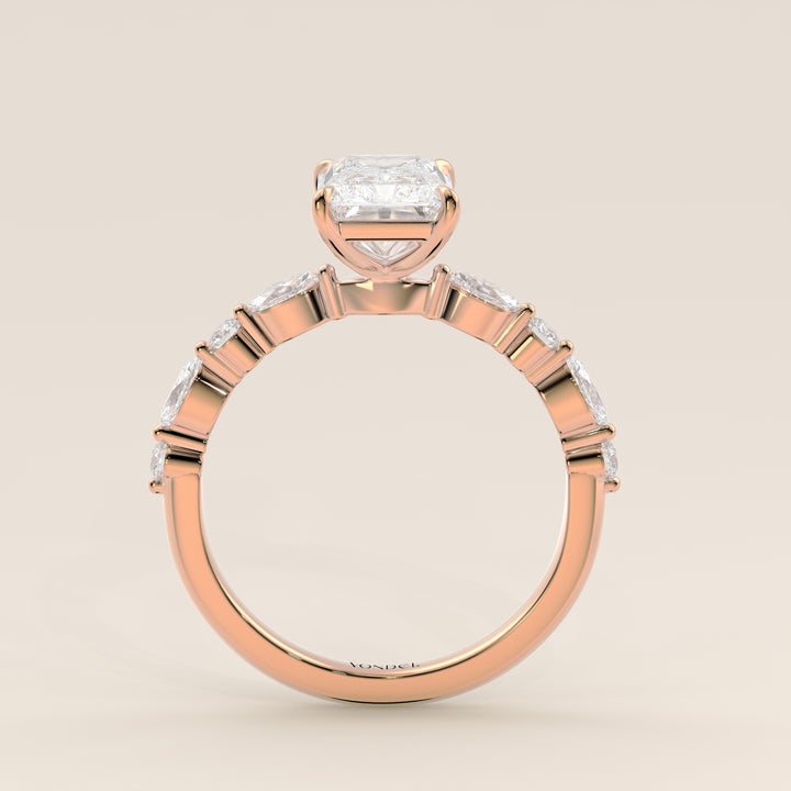 Verlovingsring radiant lab grown diamant met marquise- en ronde diamantband, rosegoud