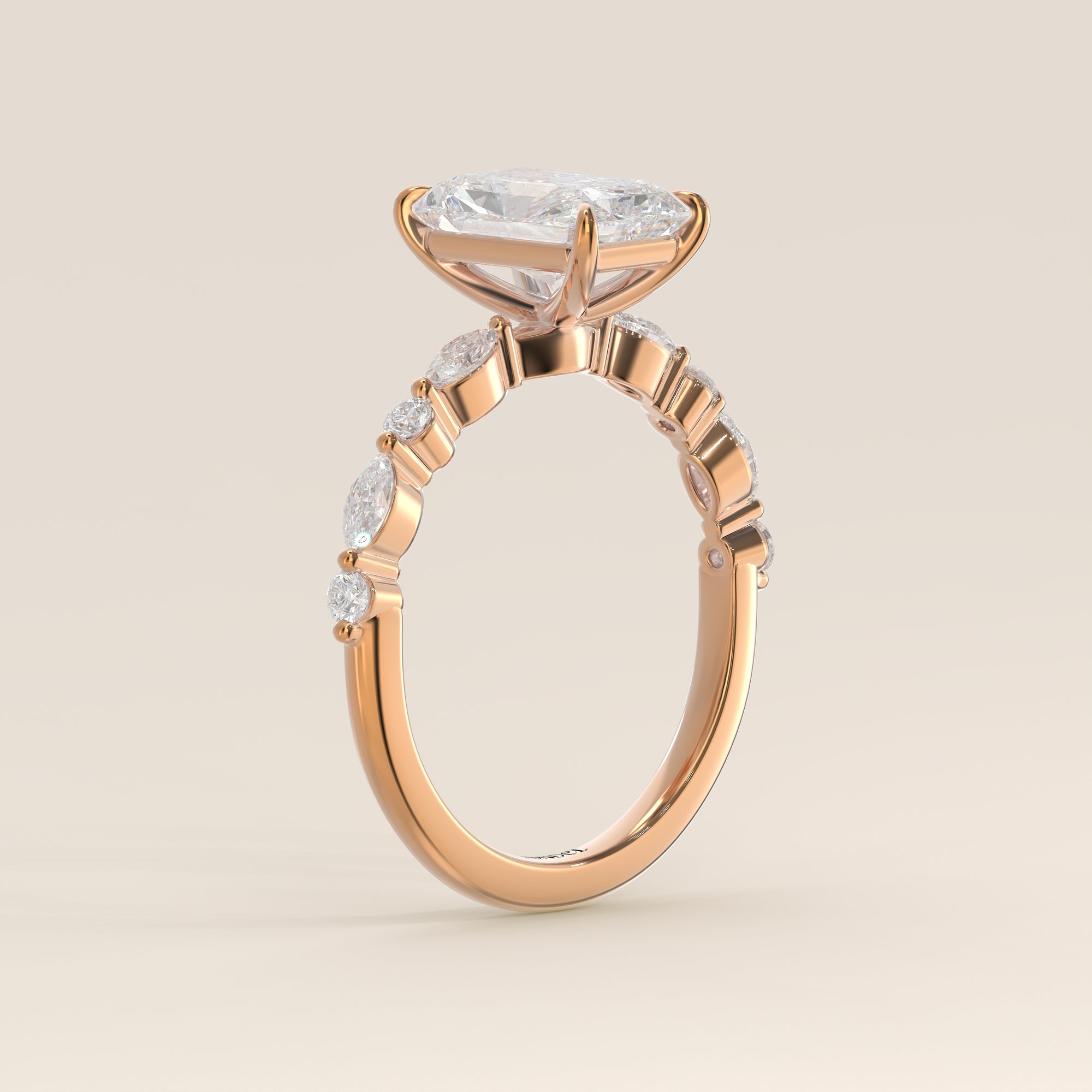 Verlovingsring radiant lab grown diamant met marquise- en ronde diamantband, rosegoud