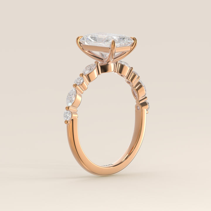 Verlovingsring radiant lab grown diamant met marquise- en ronde diamantband, rosegoud