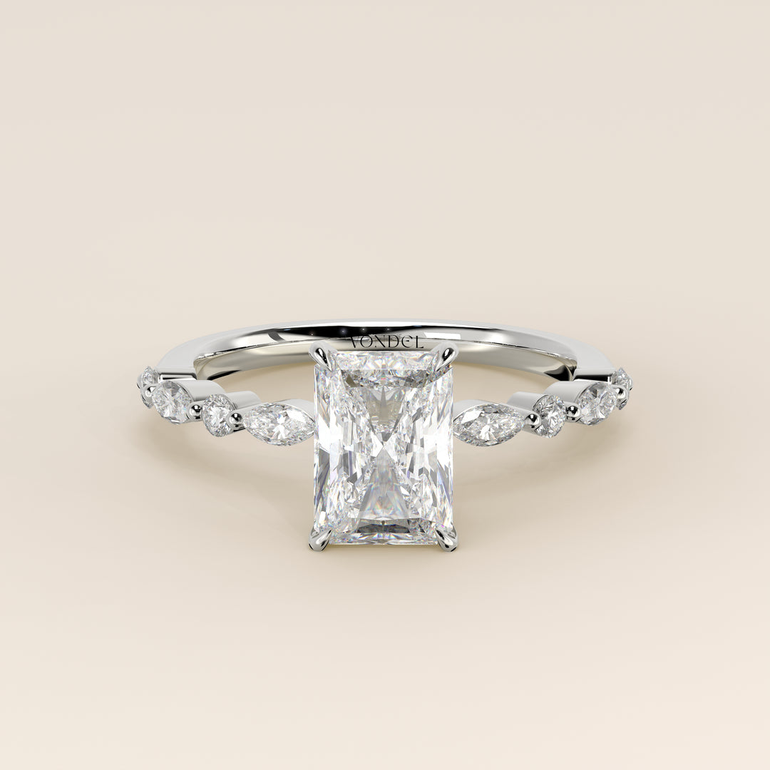 Verlovingsring radiant lab grown diamant met marquise- en ronde diamantband, witgoud