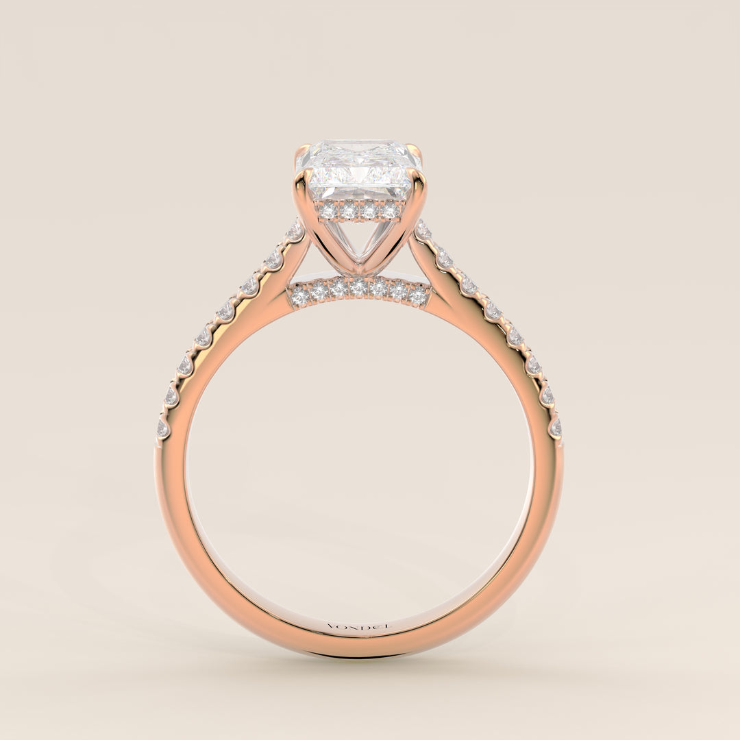 Verlovingsring radiant lab grown diamant met pave band, hidden halo en diamond bridge, rosegoud