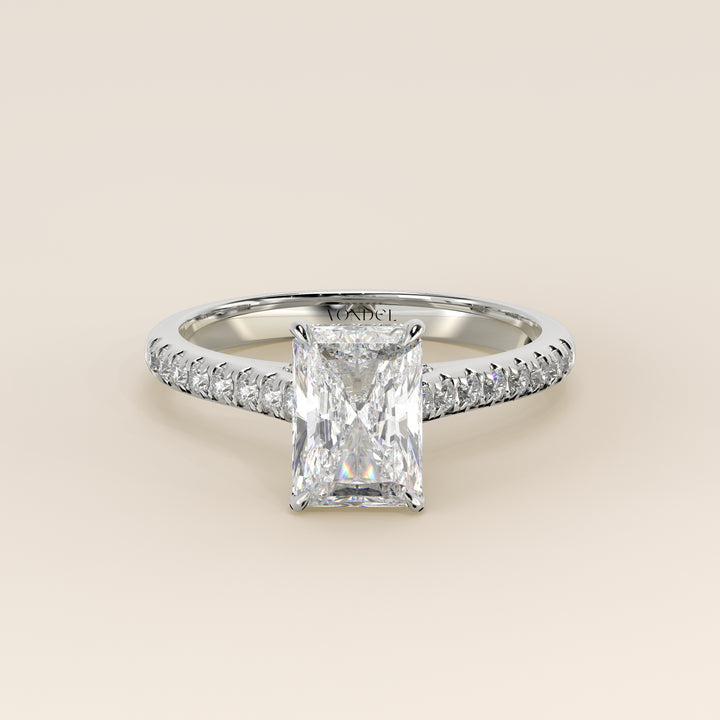 Verlovingsring radiant lab grown diamant met pave band, hidden halo en diamond bridge, witgoud