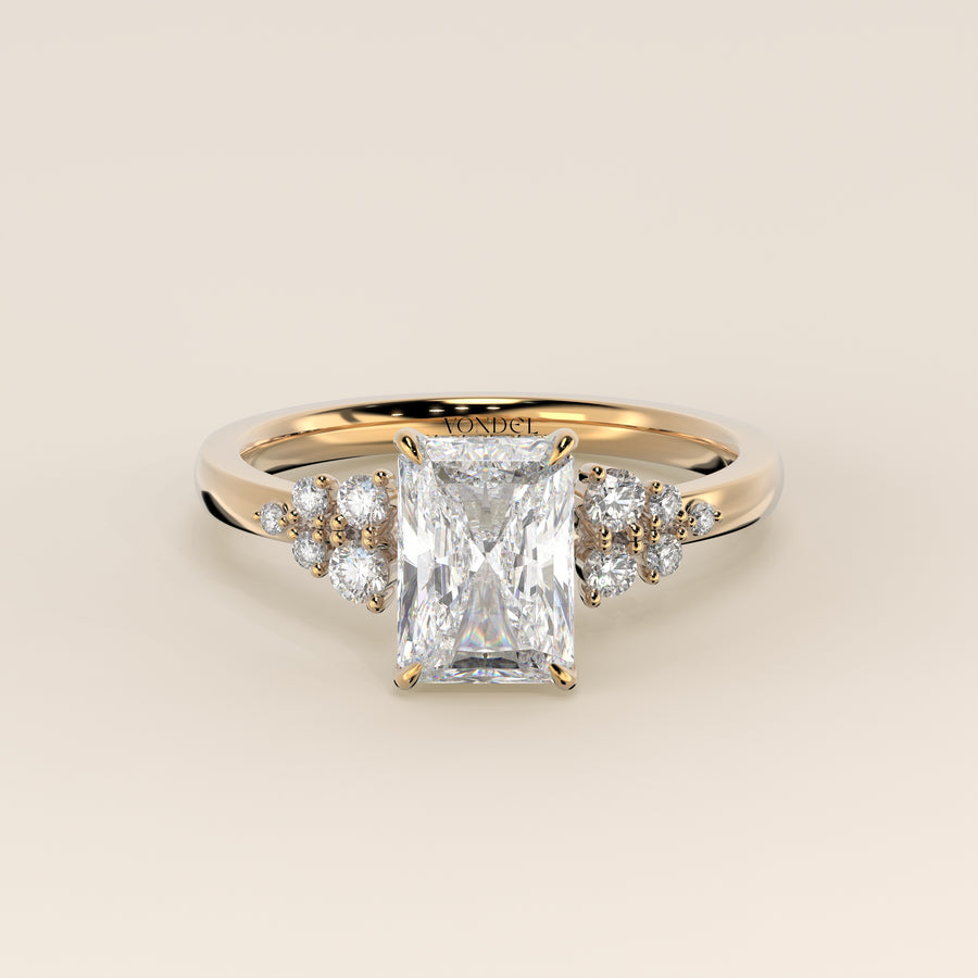 Verlovingsring radiant lab grown diamant met snowdrift en hidden halo, geelgoud
