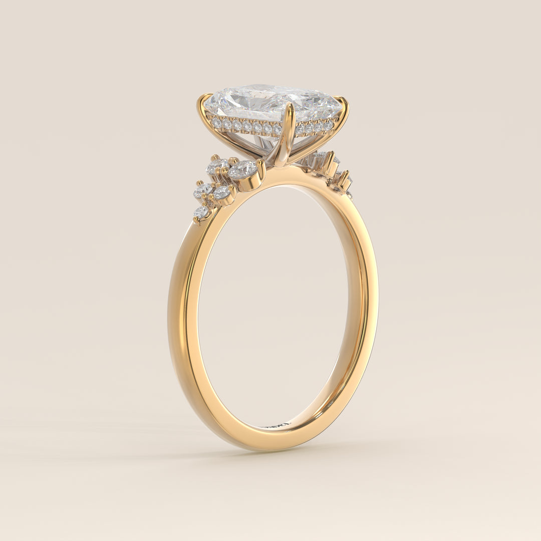 Verlobungsring mit strahlendem, im Labor gezüchtetem Diamanten, Schneeflockenmuster und verstecktem Halo, Gelbgold