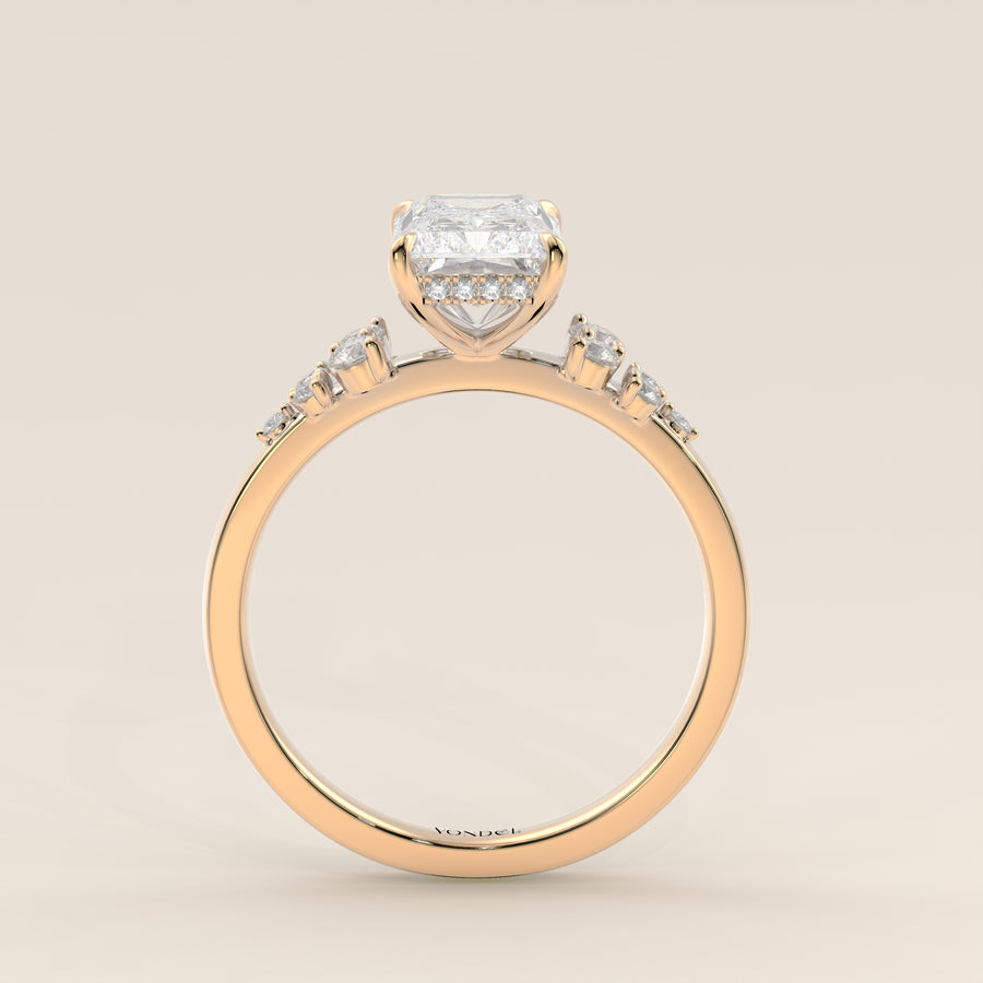 Verlovingsring radiant lab grown diamant met snowdrift en hidden halo, geelgoud