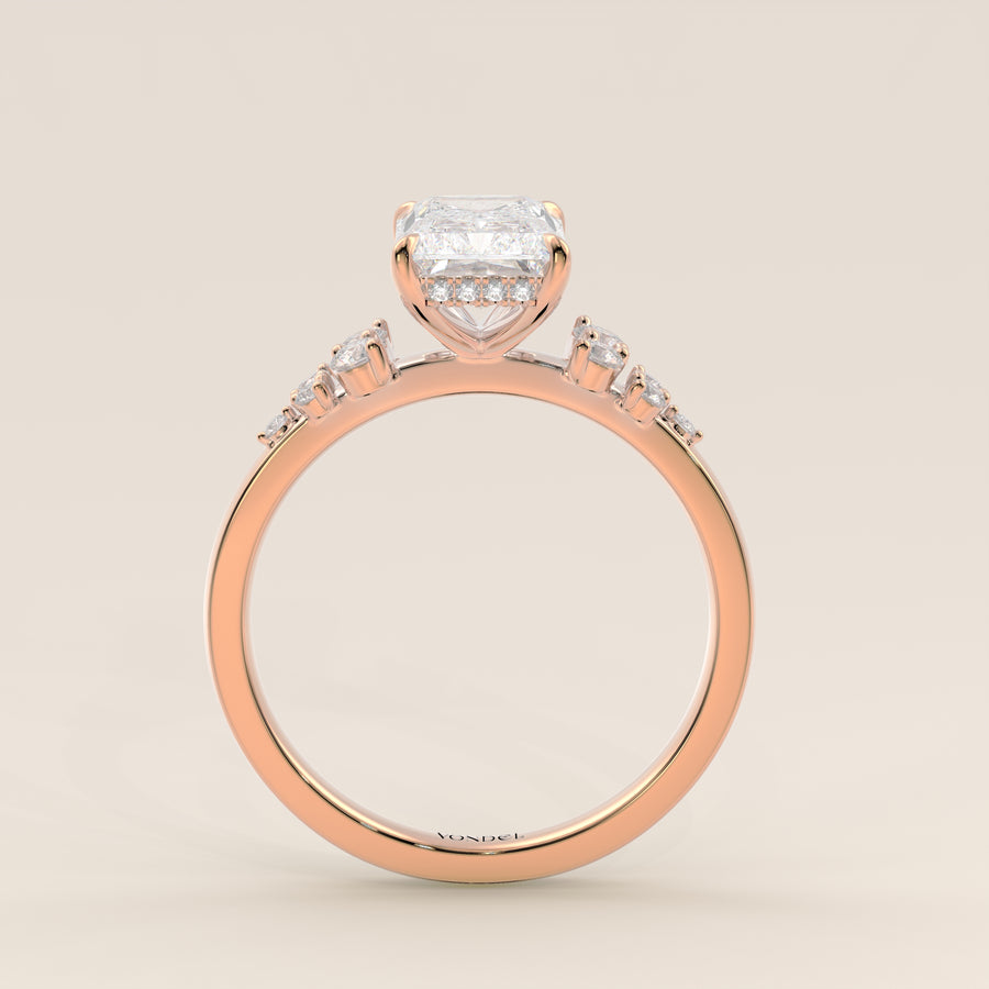 Verlovingsring radiant lab grown diamant met snowdrift en hidden halo, rosegoud