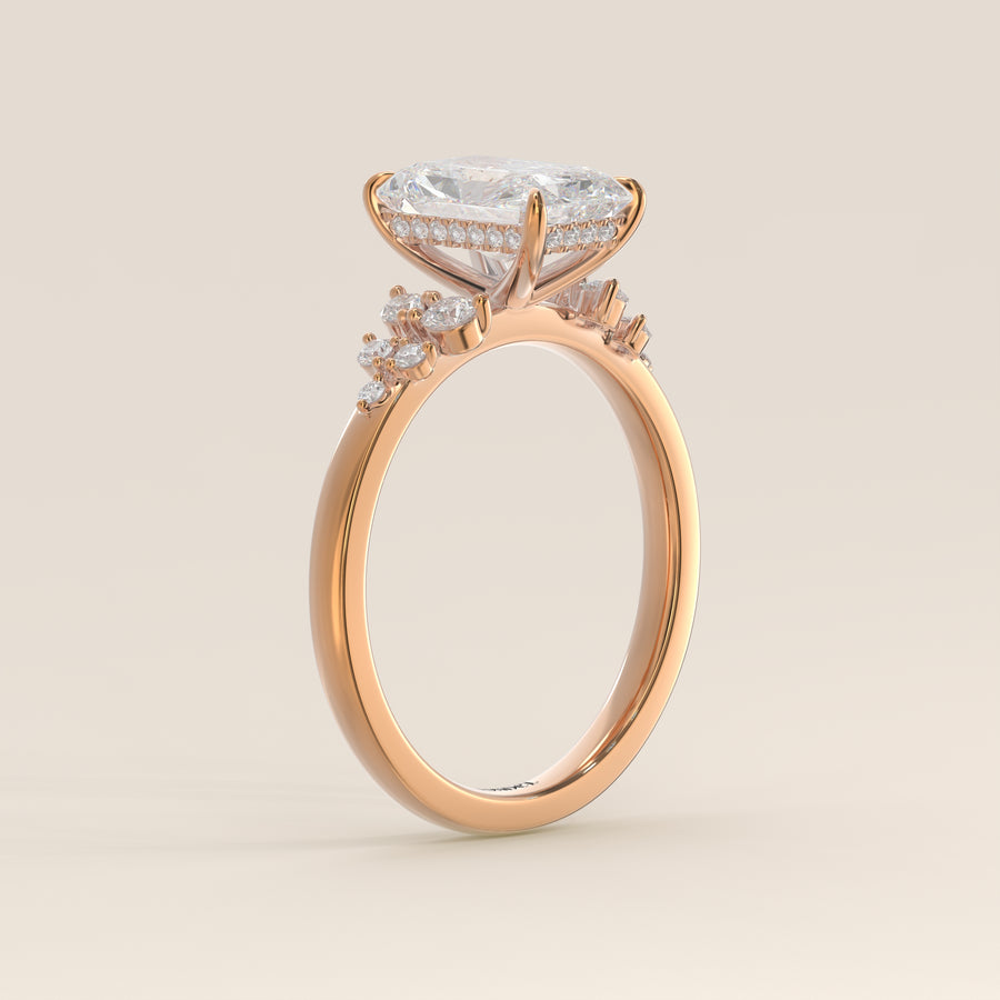 Verlovingsring radiant lab grown diamant met snowdrift en hidden halo, rosegoud