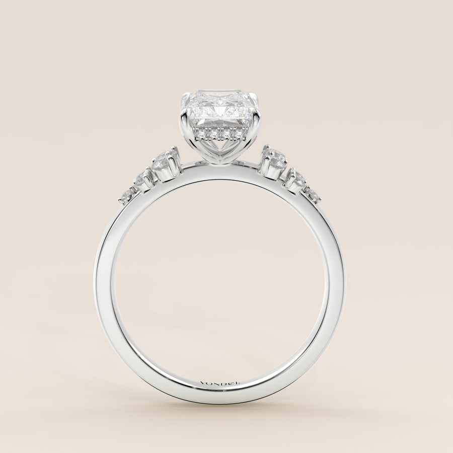 Verlovingsring radiant lab grown diamant met snowdrift en hidden halo, witgoud