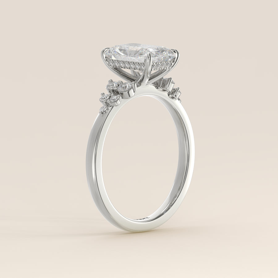 Verlovingsring radiant lab grown diamant met snowdrift en hidden halo, witgoud