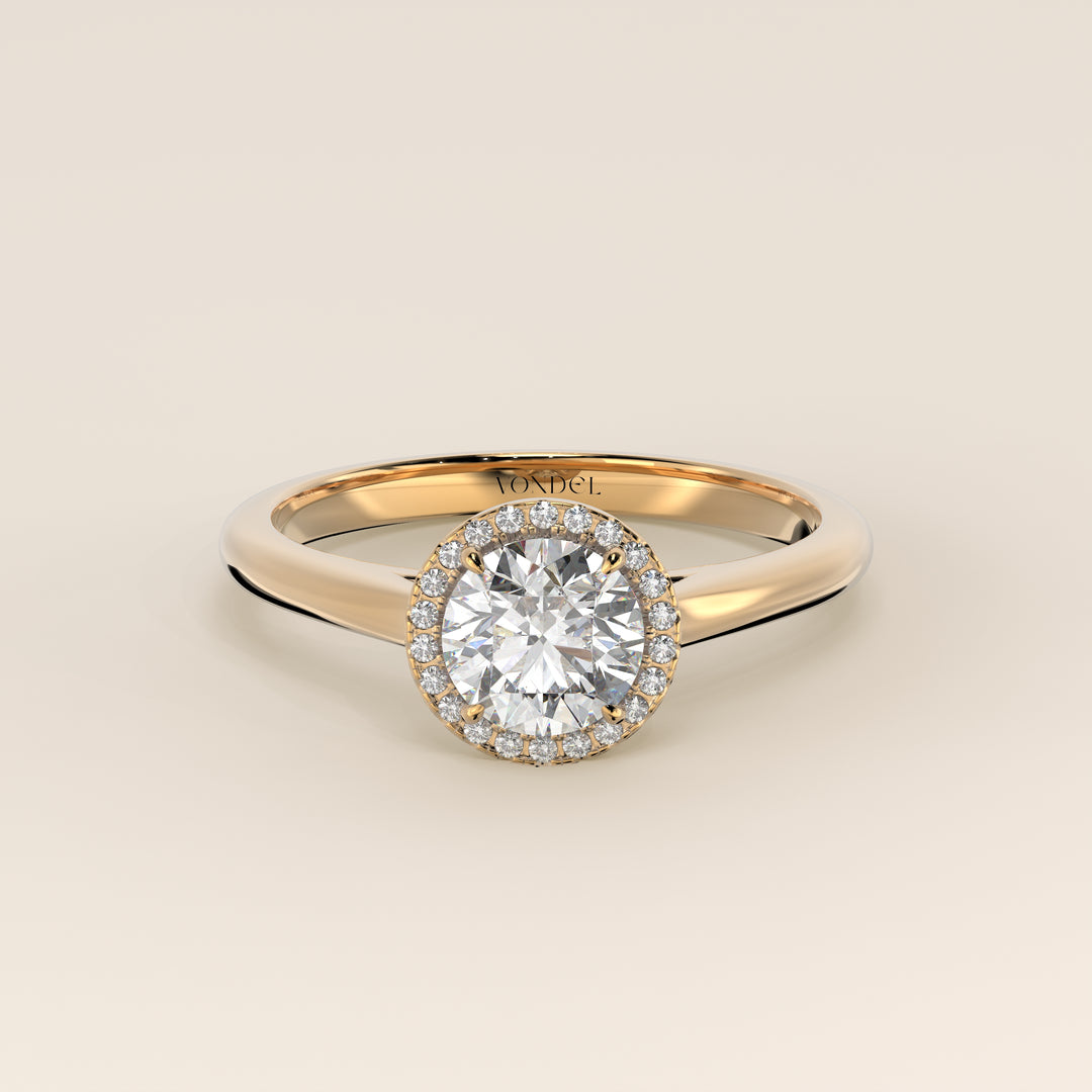 Verlovingsring rond halo lab grown diamant met cathedral en hoge zetting, geelgoud