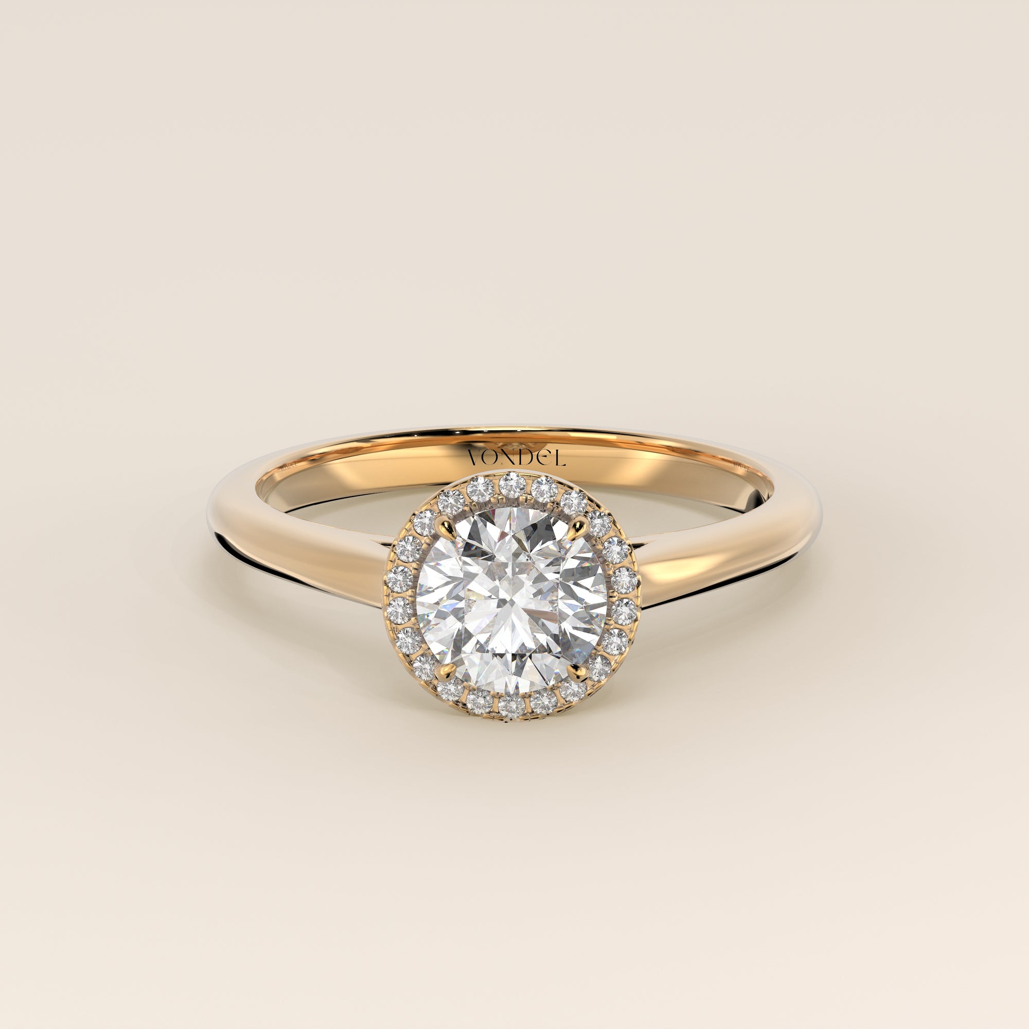 Verlovingsring rond halo lab grown diamant met cathedral en hoge zetting, geelgoud