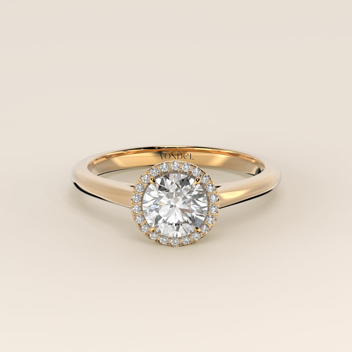 Verlovingsring rond halo lab grown diamant met cathedral en hoge zetting, geelgoud