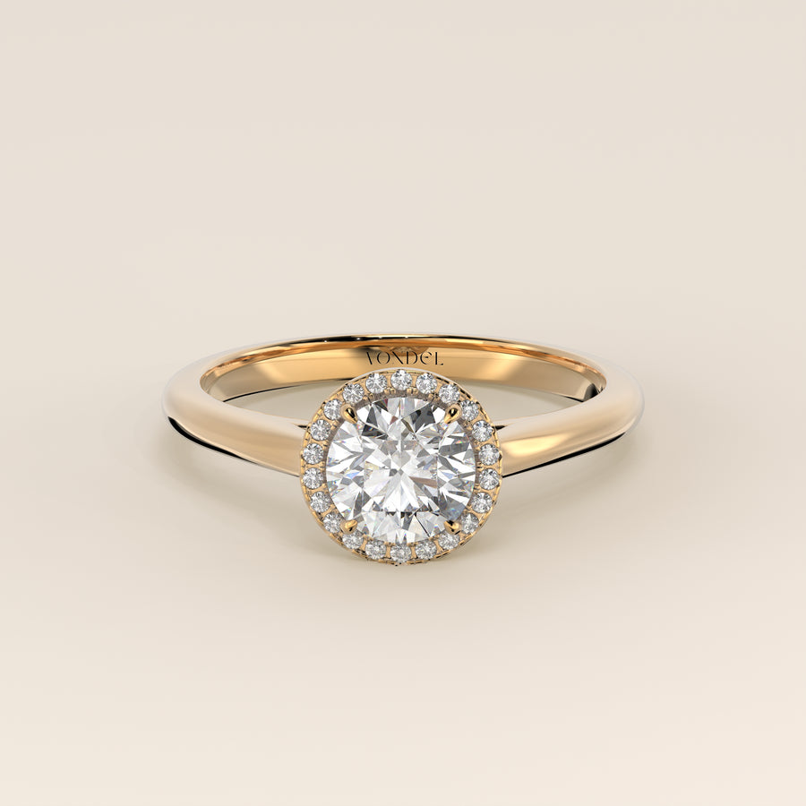 Verlovingsring rond halo lab grown diamant met cathedral en hoge zetting, geelgoud