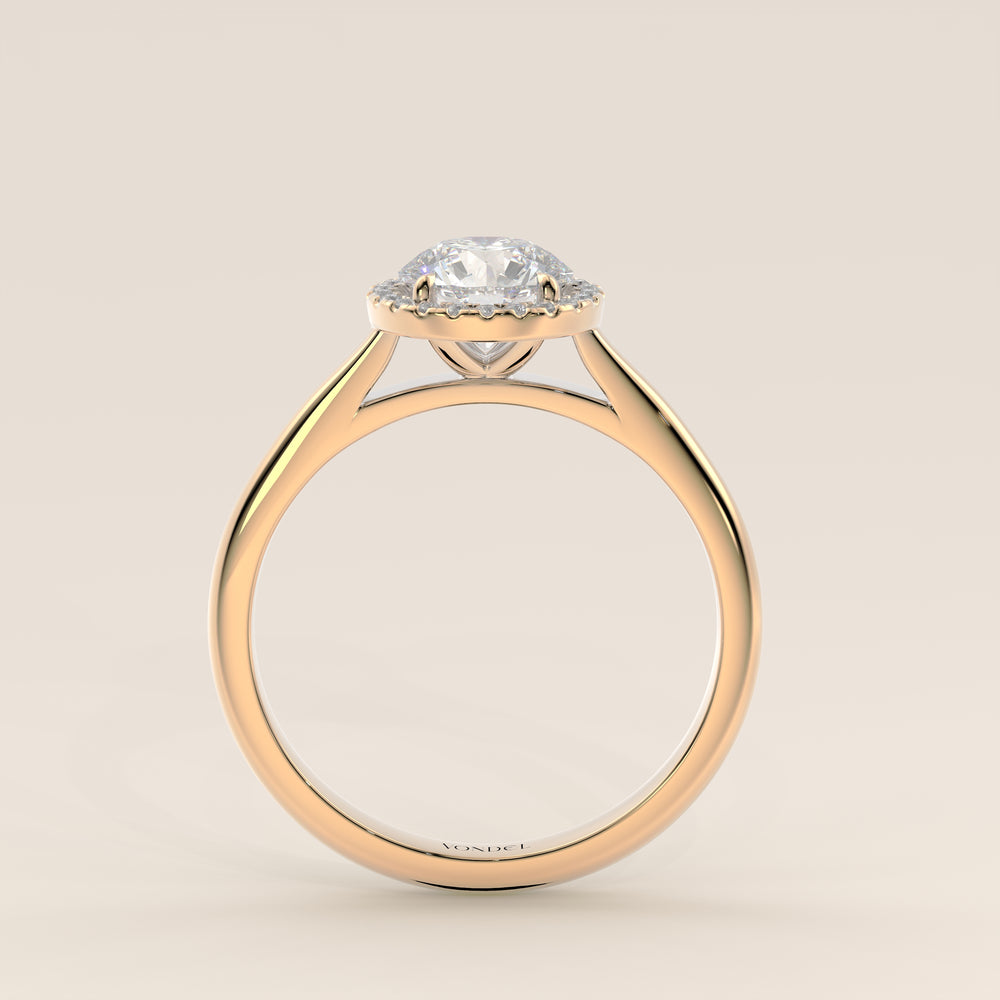 Verlovingsring rond halo lab grown diamant met cathedral en hoge zetting, geelgoud