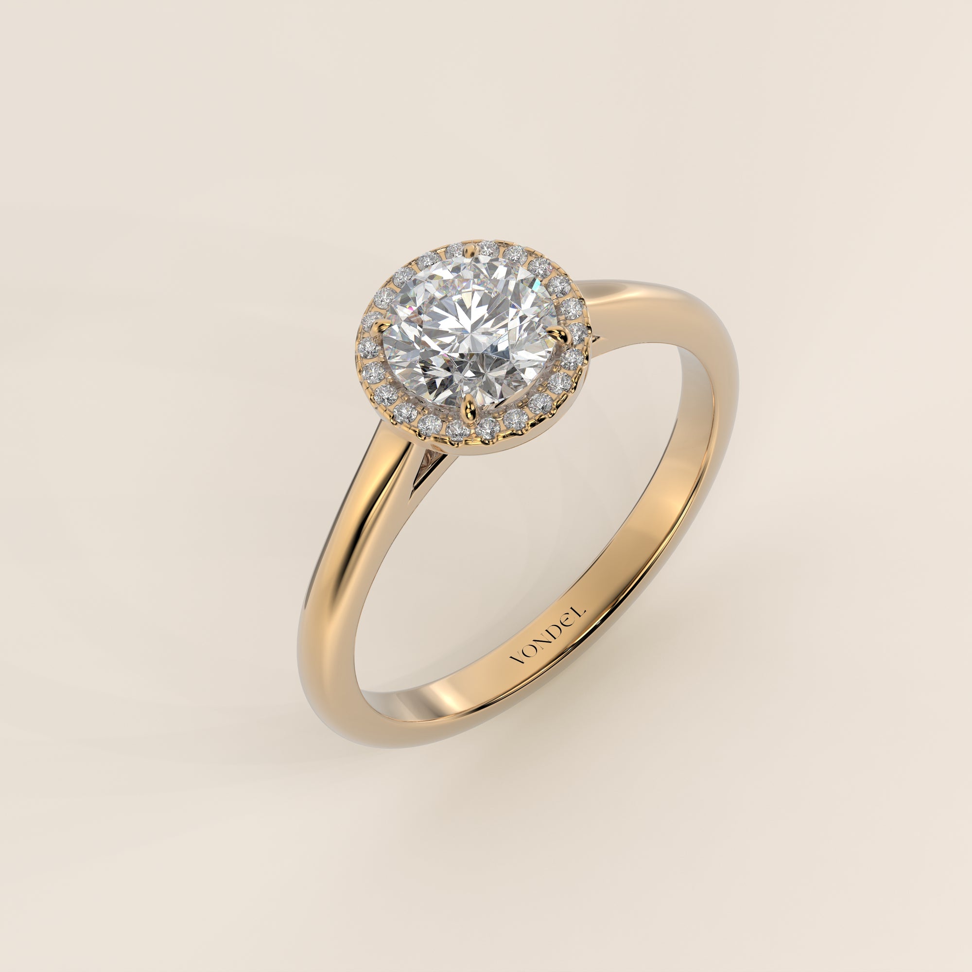 Verlovingsring rond halo lab grown diamant met cathedral en hoge zetting, geelgoud