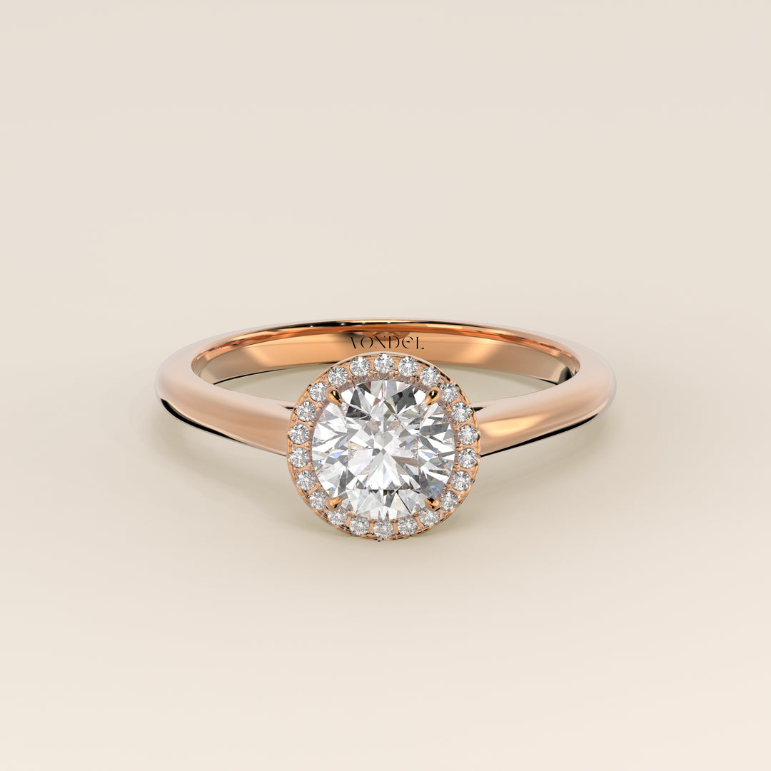 Verlovingsring rond halo lab grown diamant met cathedral en hoge zetting, rosegoud