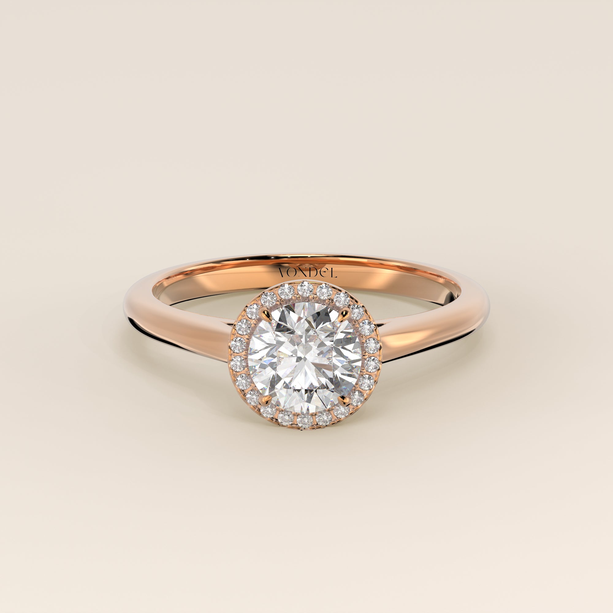 Verlovingsring rond halo lab grown diamant met cathedral en hoge zetting, rosegoud