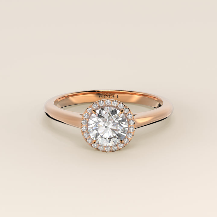 Verlovingsring rond halo lab grown diamant met cathedral en hoge zetting, rosegoud