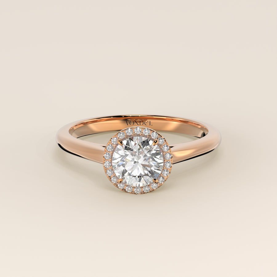 Verlovingsring rond halo lab grown diamant met cathedral en hoge zetting, rosegoud