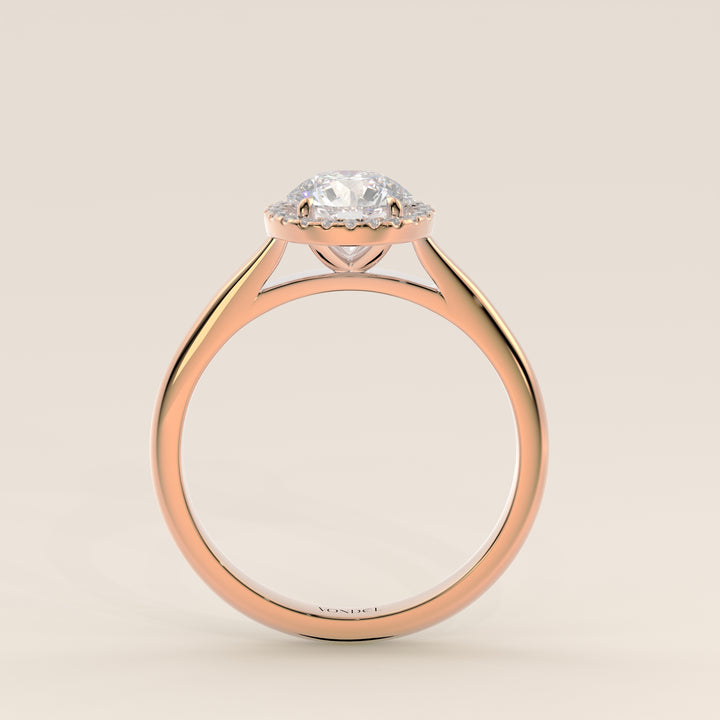 Verlovingsring rond halo lab grown diamant met cathedral en hoge zetting, rosegoud