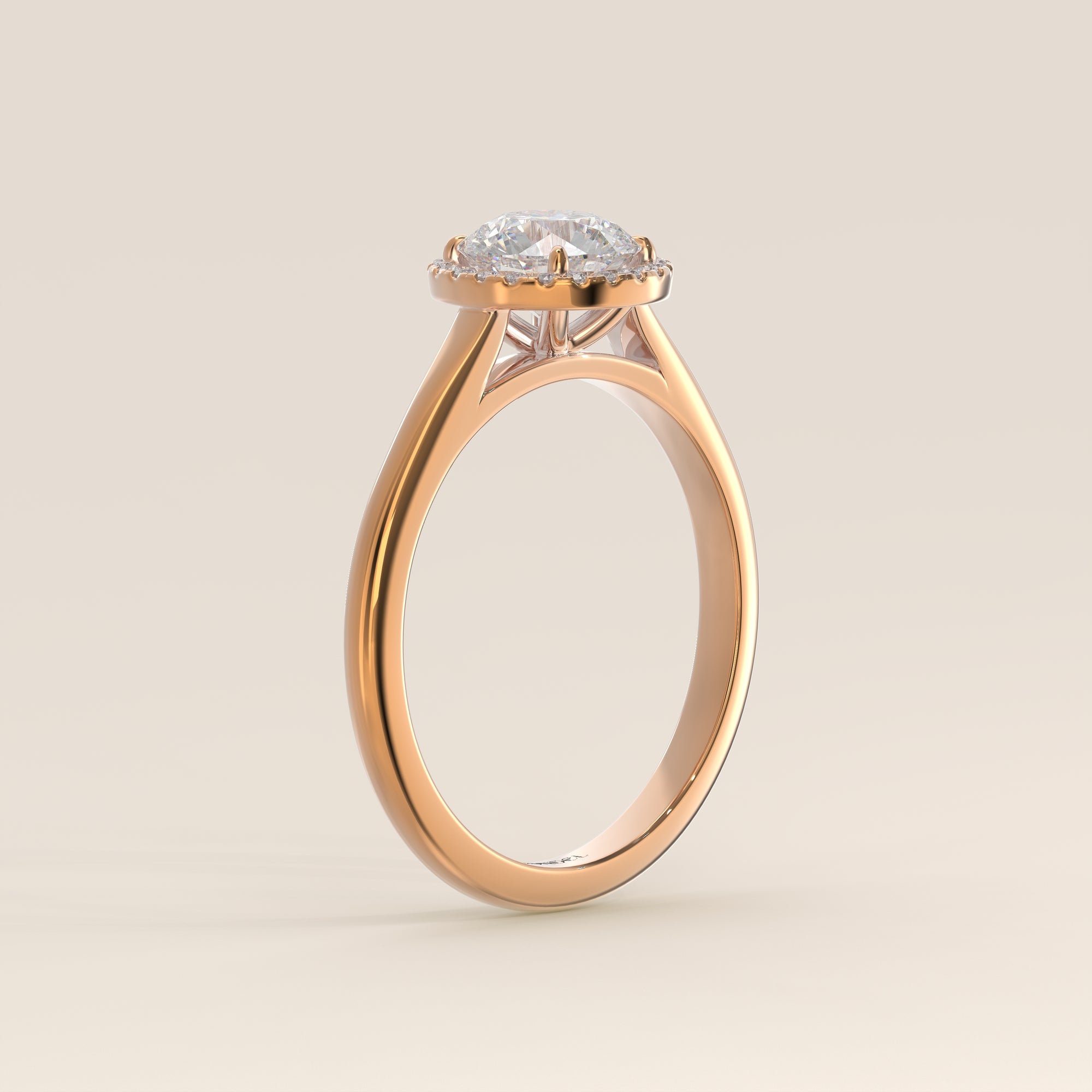 Verlovingsring rond halo lab grown diamant met cathedral en hoge zetting, rosegoud