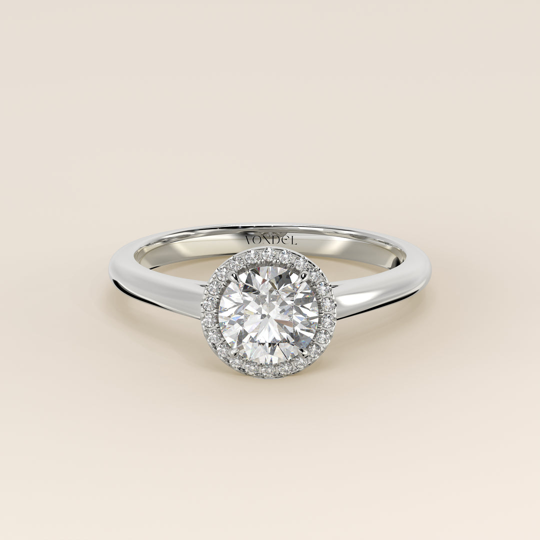 Verlovingsring rond halo lab grown diamant met cathedral en hoge zetting, witgoud