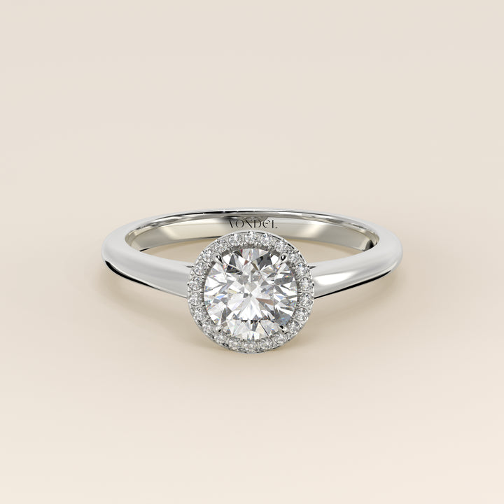 Verlovingsring rond halo lab grown diamant met cathedral en hoge zetting, witgoud
