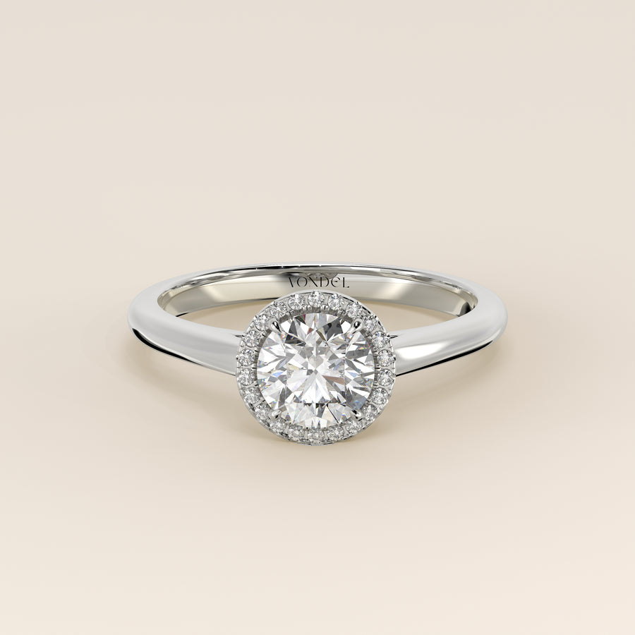 Verlovingsring rond halo lab grown diamant met cathedral en hoge zetting, witgoud