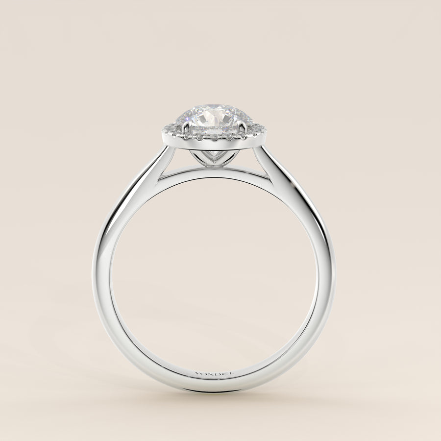 Verlovingsring rond halo lab grown diamant met cathedral en hoge zetting, witgoud