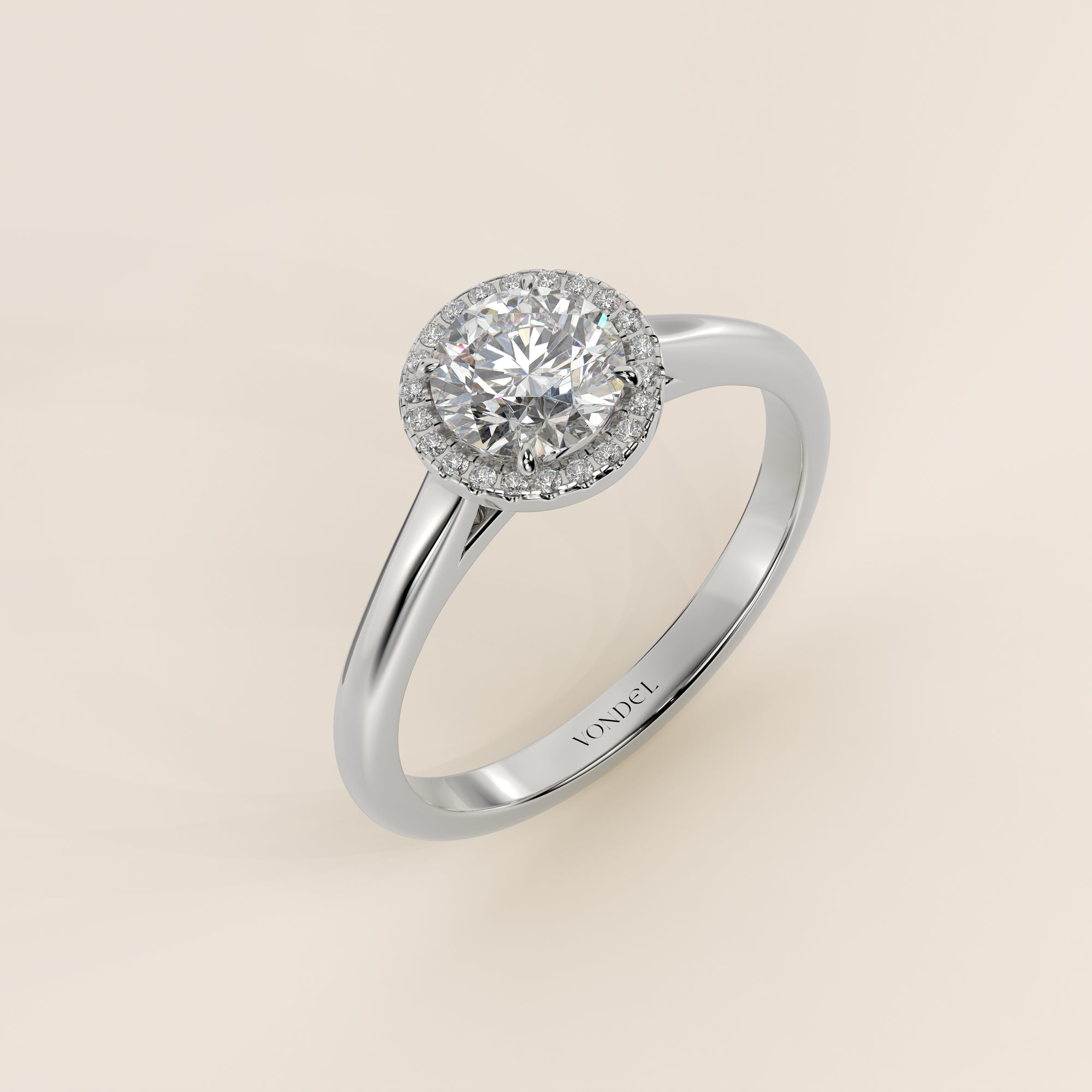 Verlovingsring rond halo lab grown diamant met cathedral en hoge zetting, witgoud