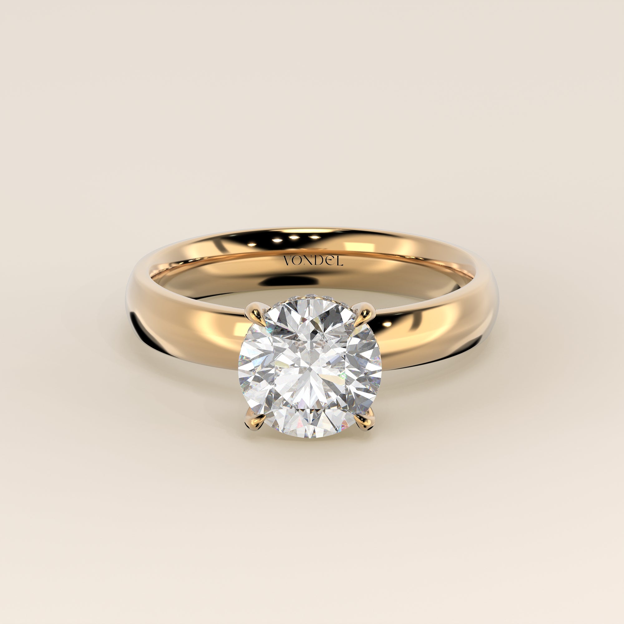 Verlovingsring rond lab grown diamant met brede band en hidden halo, geelgoud