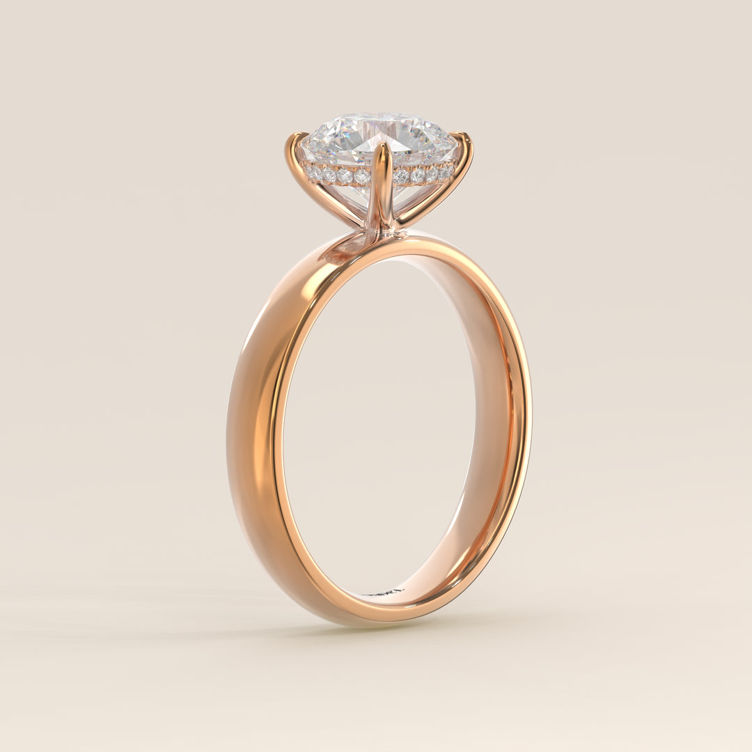 Verlovingsring rond lab grown diamant met brede band en hidden halo, rosegoud