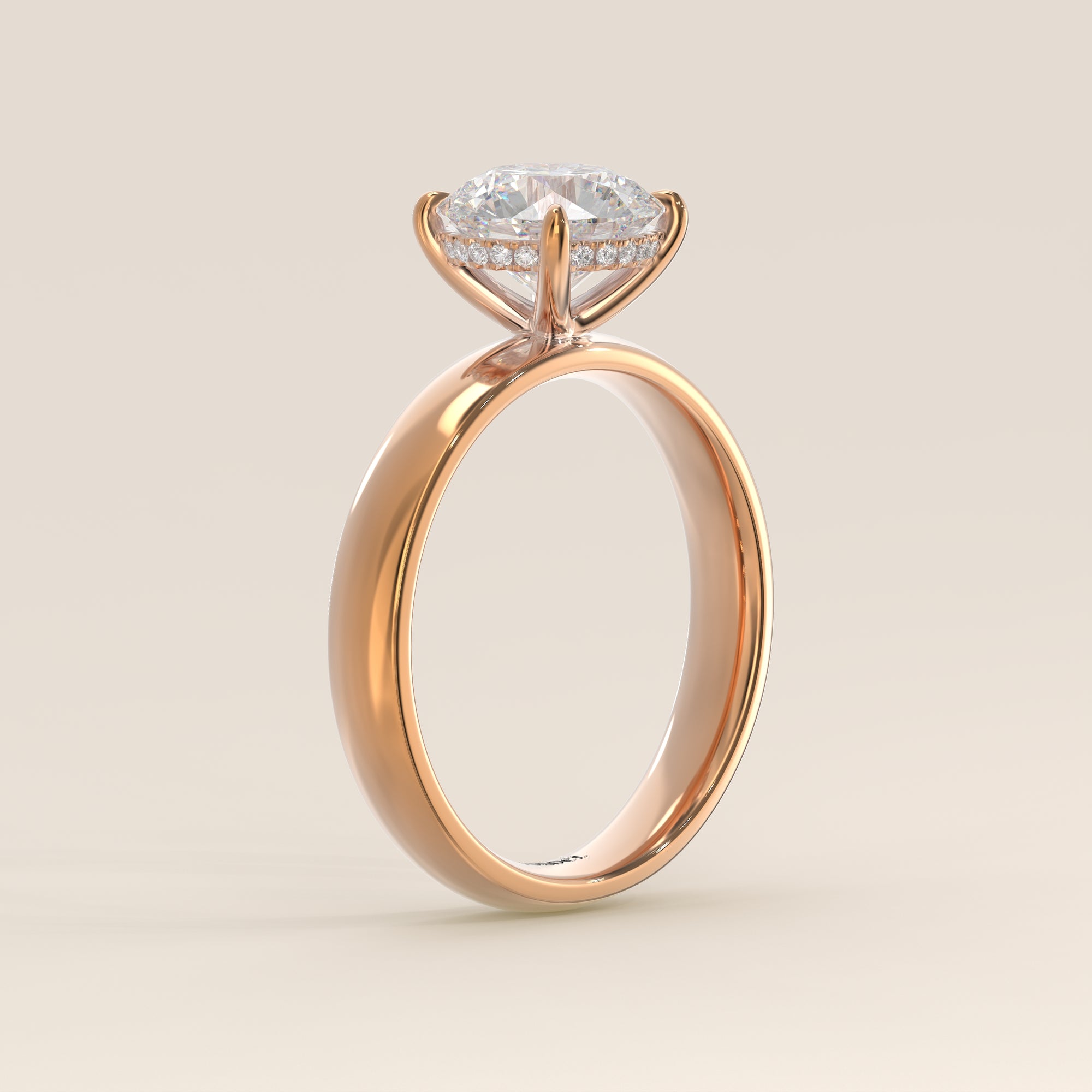 Verlovingsring rond lab grown diamant met brede band en hidden halo, rosegoud