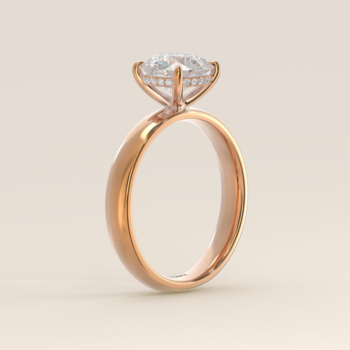 Verlovingsring rond lab grown diamant met brede band en hidden halo, rosegoud