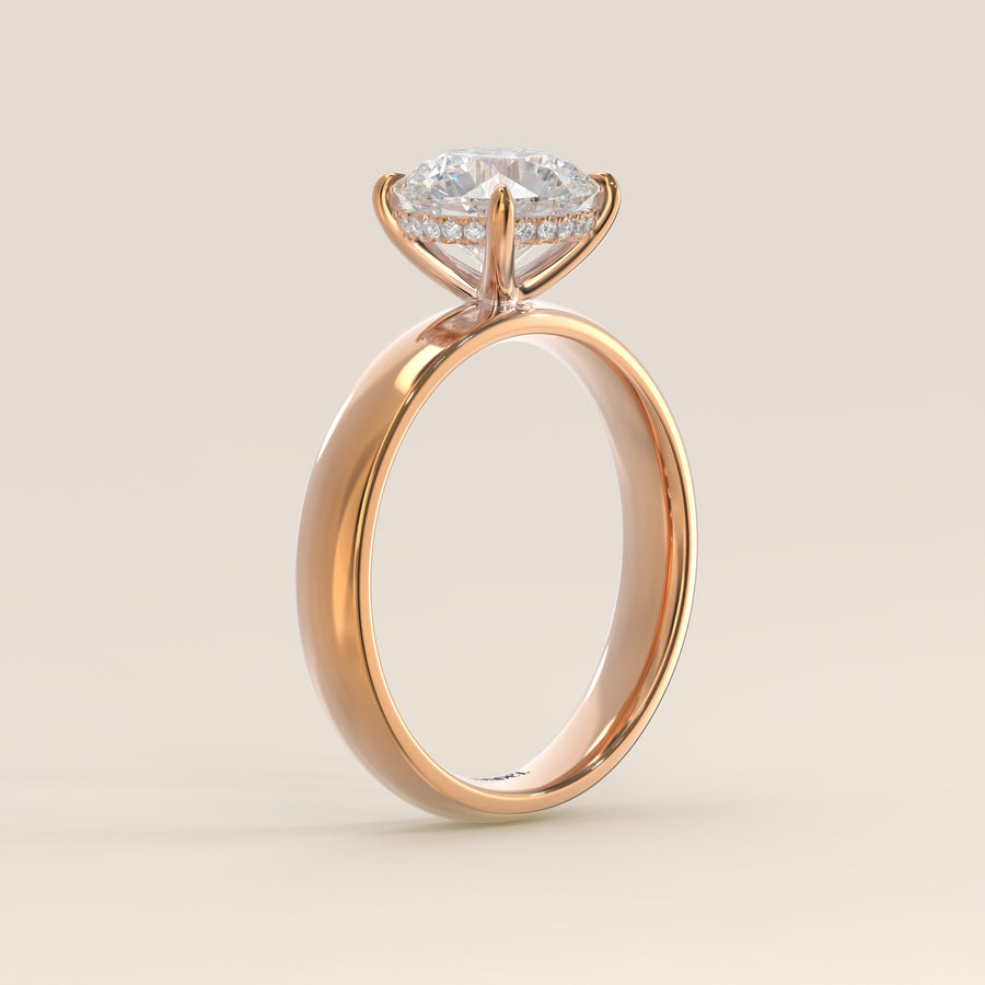 Verlovingsring rond lab grown diamant met brede band en hidden halo, rosegoud