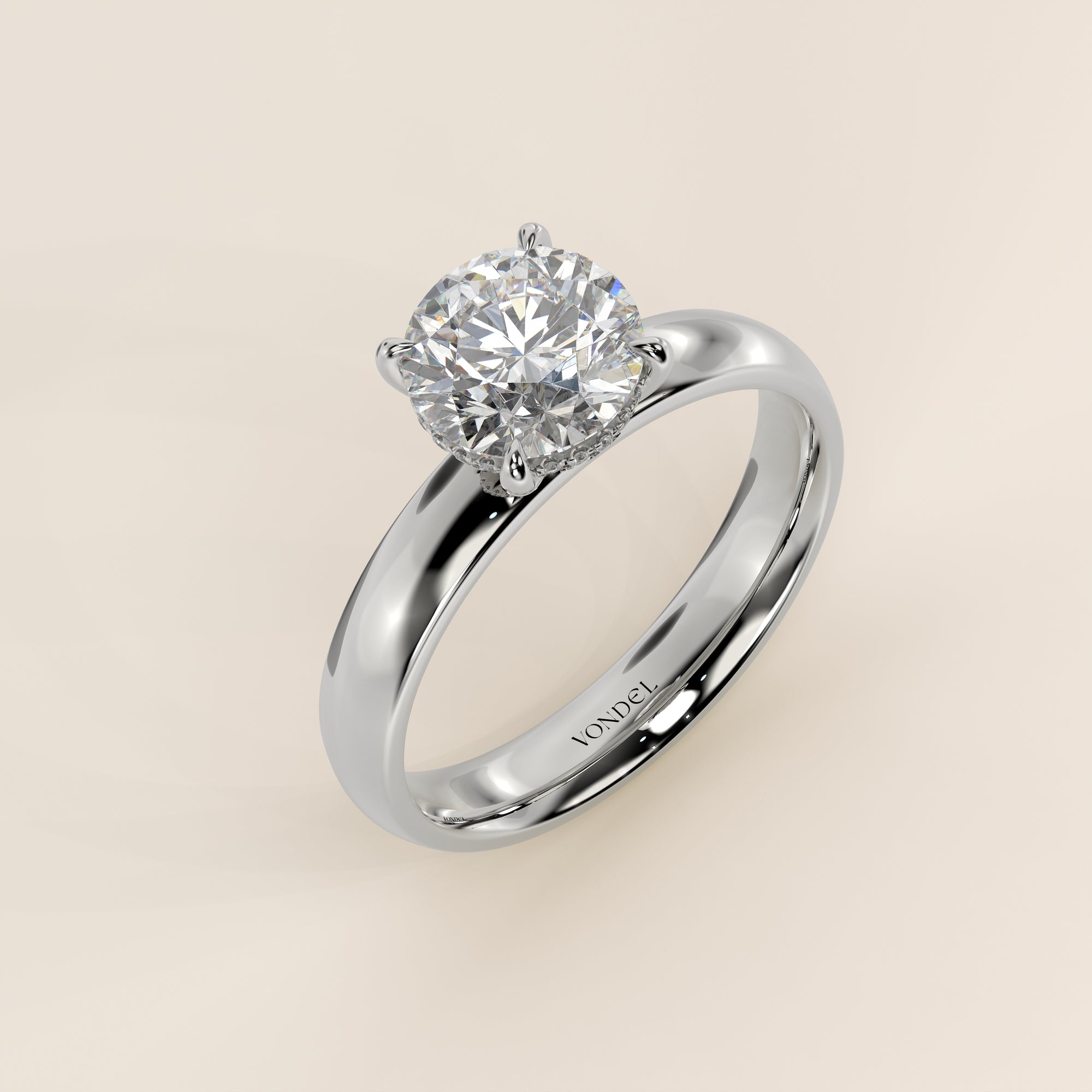 Verlovingsring rond lab grown diamant met brede band en hidden halo, witgoud