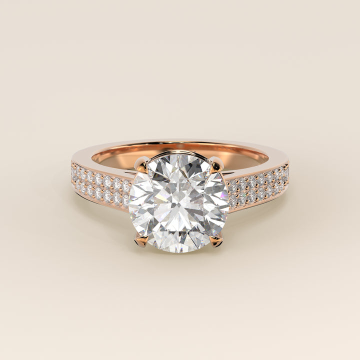 Verlovingsring rond lab grown diamant met brede pave band, cathedral setting en hidden halo, rosegoud