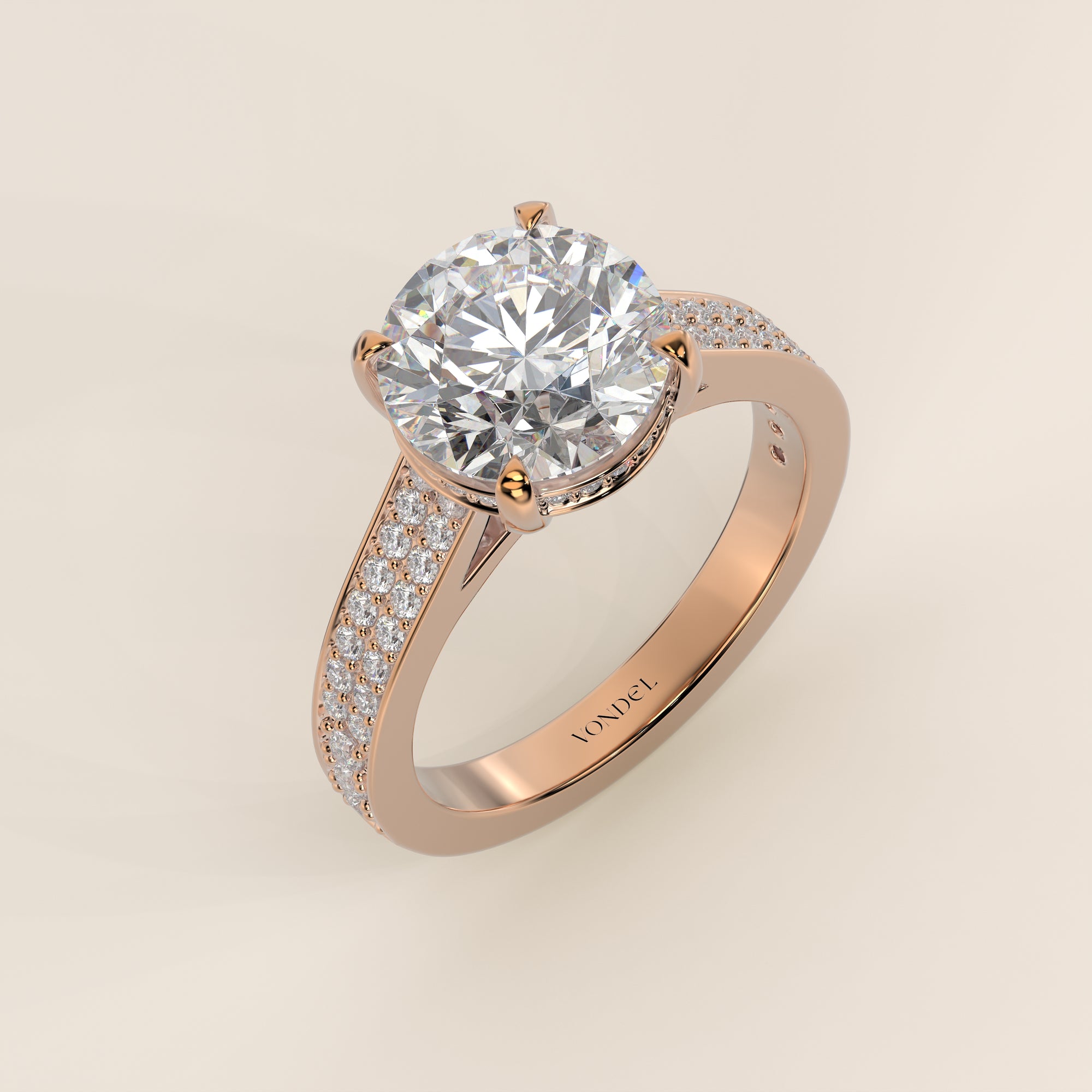 Verlovingsring rond lab grown diamant met brede pave band, cathedral setting en hidden halo, rosegoud