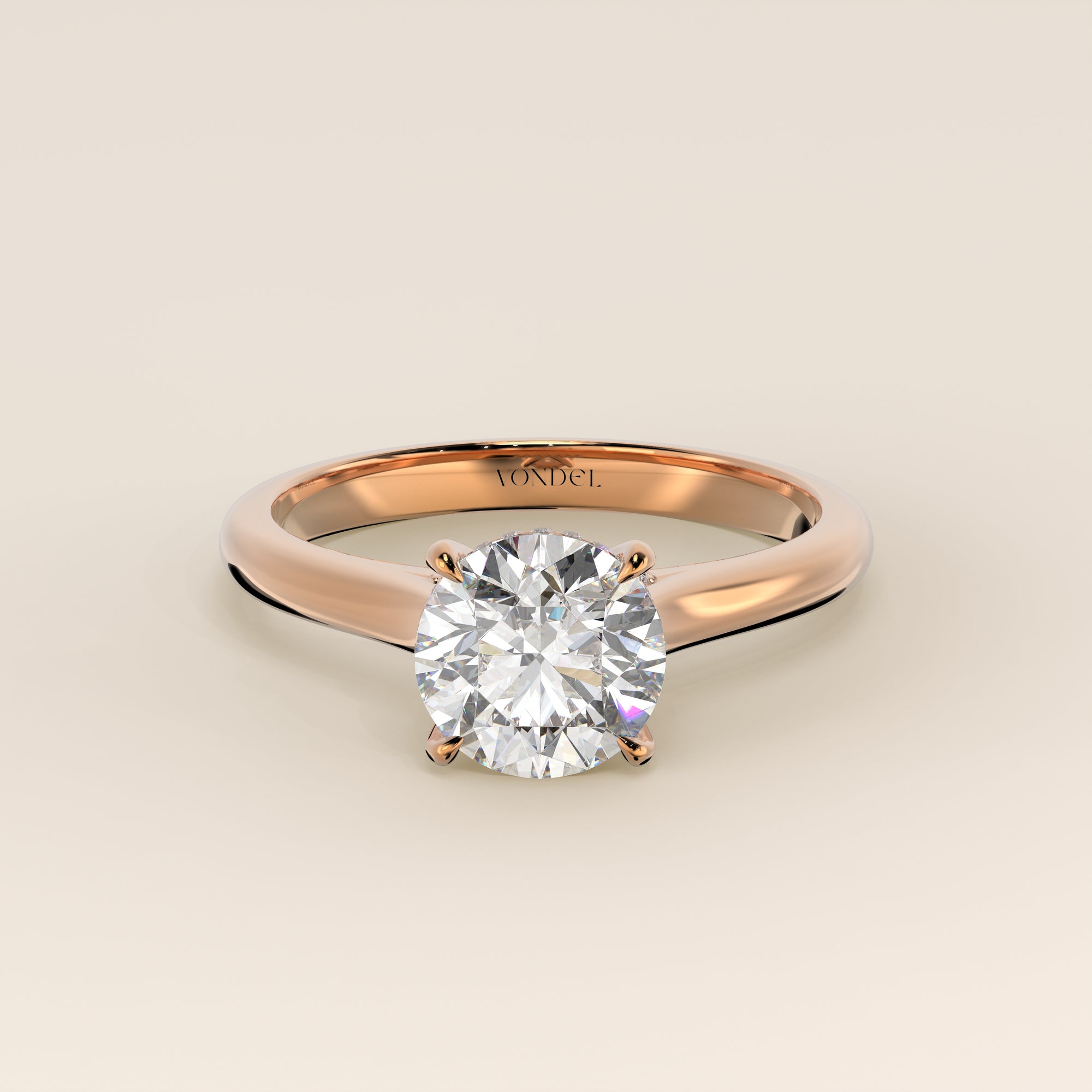 Runder Verlobungsring mit im Labor gezüchtetem Diamanten in Kathedralenfassung, verstecktem Halo und Diamantbrücke, Roségold