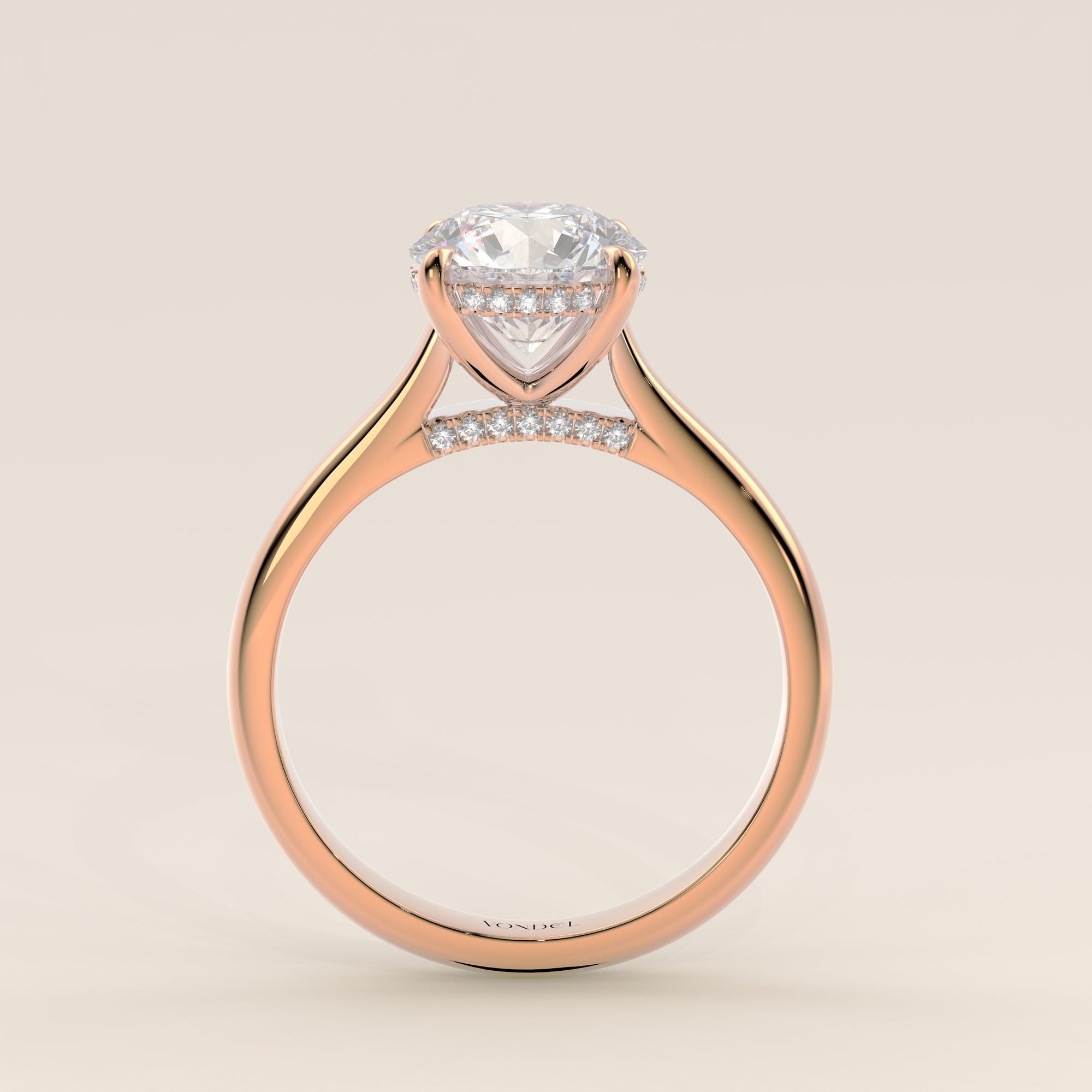 Runder Verlobungsring mit im Labor gezüchtetem Diamanten in Kathedralenfassung, verstecktem Halo und Diamantbrücke, Roségold