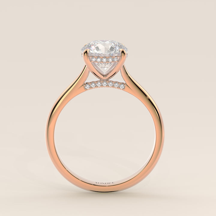 Runder Verlobungsring mit im Labor gezüchtetem Diamanten in Kathedralenfassung, verstecktem Halo und Diamantbrücke, Roségold