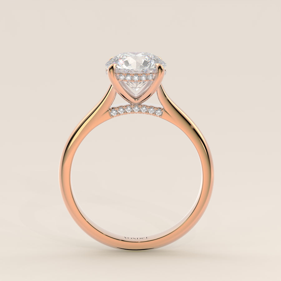 Verlovingsring rond lab grown diamant met cathedral setting, hidden halo en diamond bridge, rosegoud