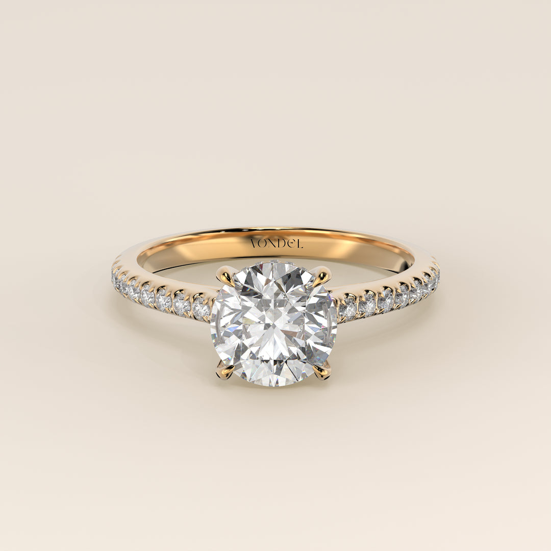 Runder Verlobungsring mit im Labor gezüchtetem Diamanten in Kathedralenfassung, Pavé-Fassung und verstecktem Halo, Gelbgold